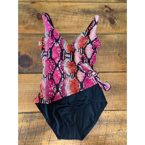 Womens Gabar Pink Orange Black‎ Snakeskin Side Tie One Piece Swim Suit Size 10 - Picture 1 of 8